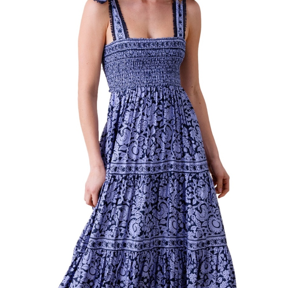 Smocked Blue Floral Maxi Dress with Adjustable Straps